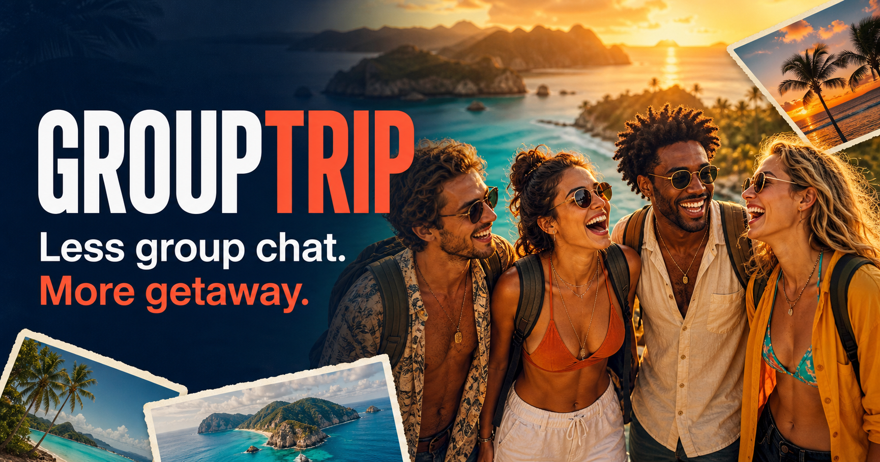 Four friends laughing together on a tropical group trip